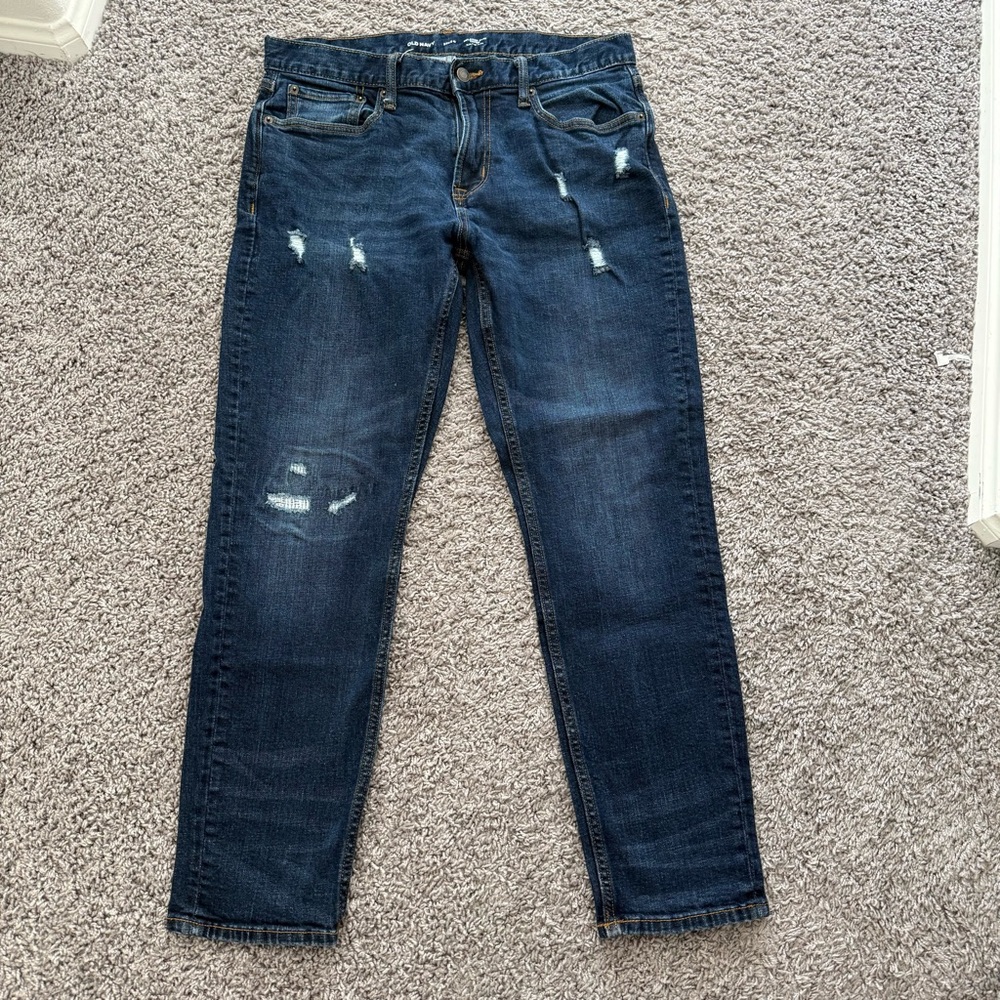 Old Navy Men's Distressed Dark Blue Relaxed Slim Taper Jeans - size 33x30